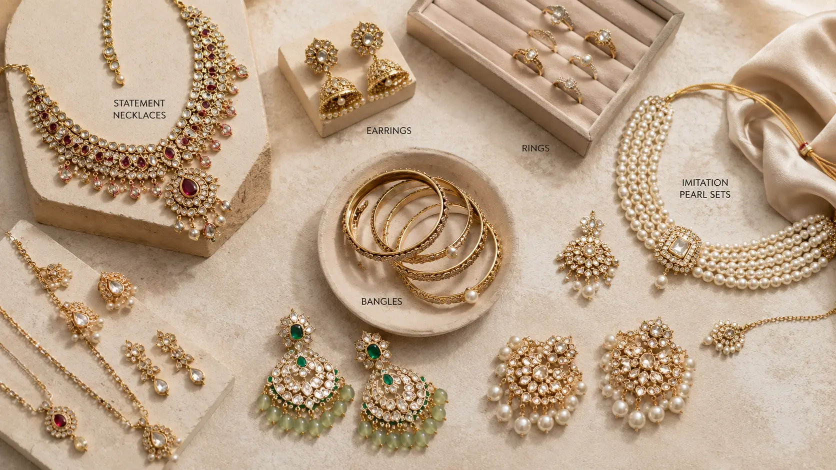 Artificial Jewellery Buying Guide in Pakistan 2 Different types of artificial jewellery including necklaces earrings rings and bangles displayed neatly