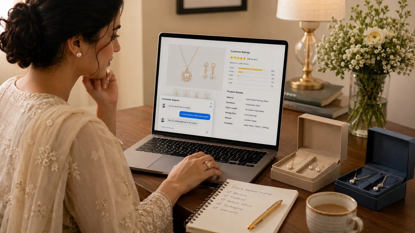 Online Jewellery Shopping Mistakes to Avoid in Pakistan 2 Woman verifying jewellery seller details reviews and customer support before purchase