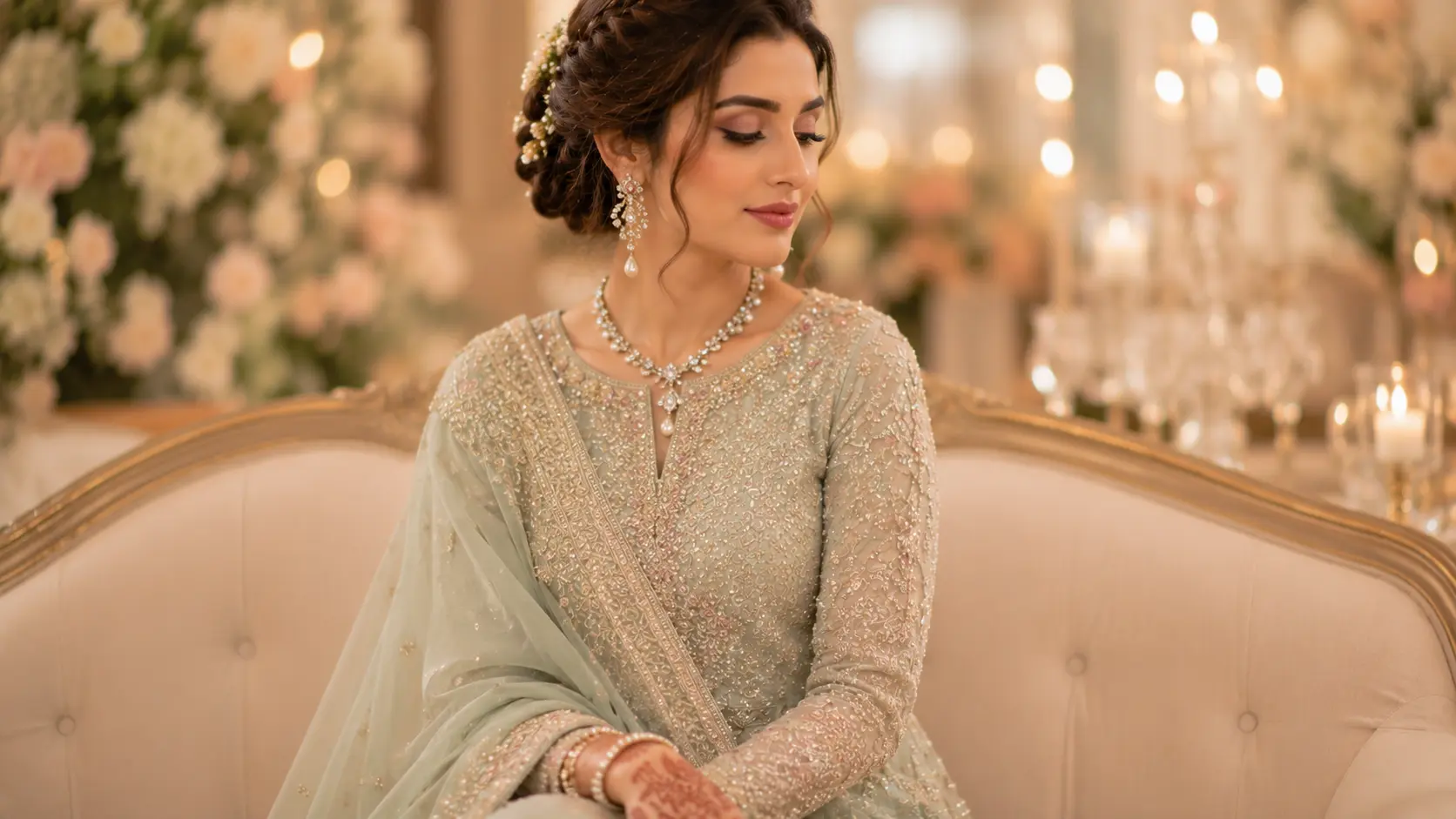 Best Artificial Jewellery for Wedding Guests in Pakistan 6 Pearl and crystal jewellery styled with soft pastel walima outfit elegantly