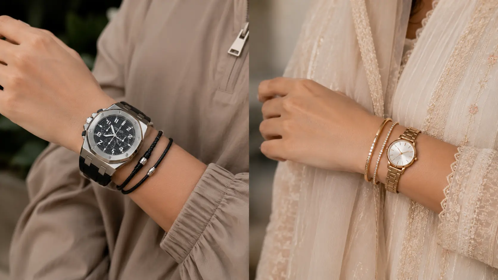 How to Style Bangles with Watches and Bracelets? A Simple Jewellery Guide 2 Comparison of chunky sports watch and slim dress watch styled with layered jewellery