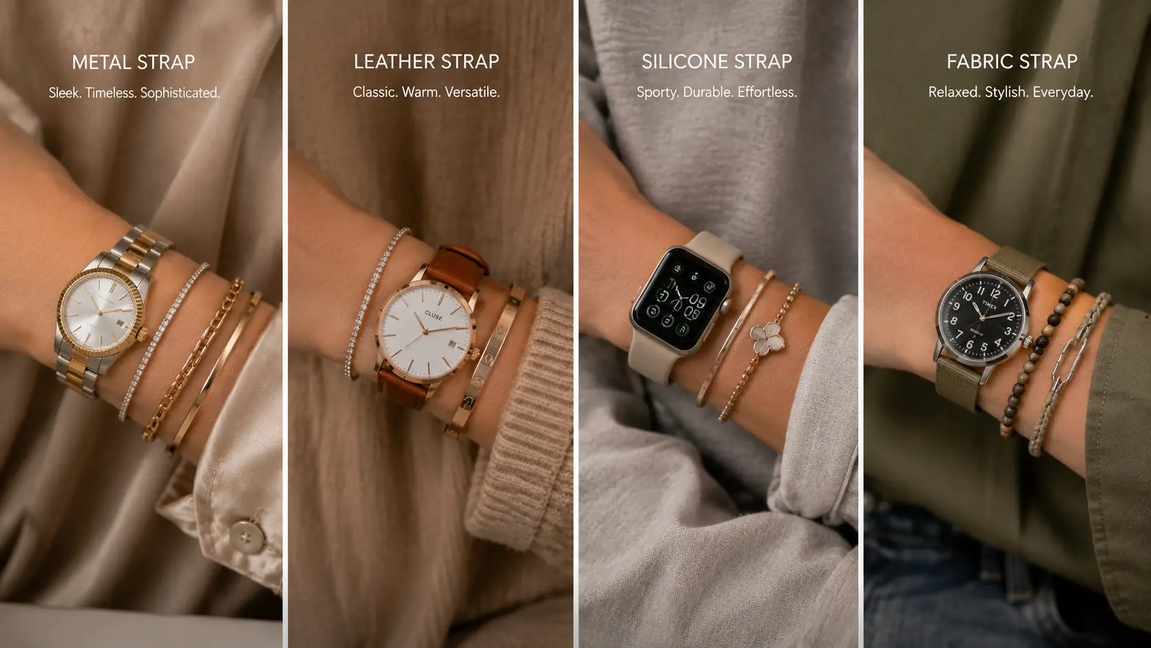 How to Style Bangles with Watches and Bracelets? A Simple Jewellery Guide 7 Different watch strap styles paired with coordinated bangles and bracelet combinations