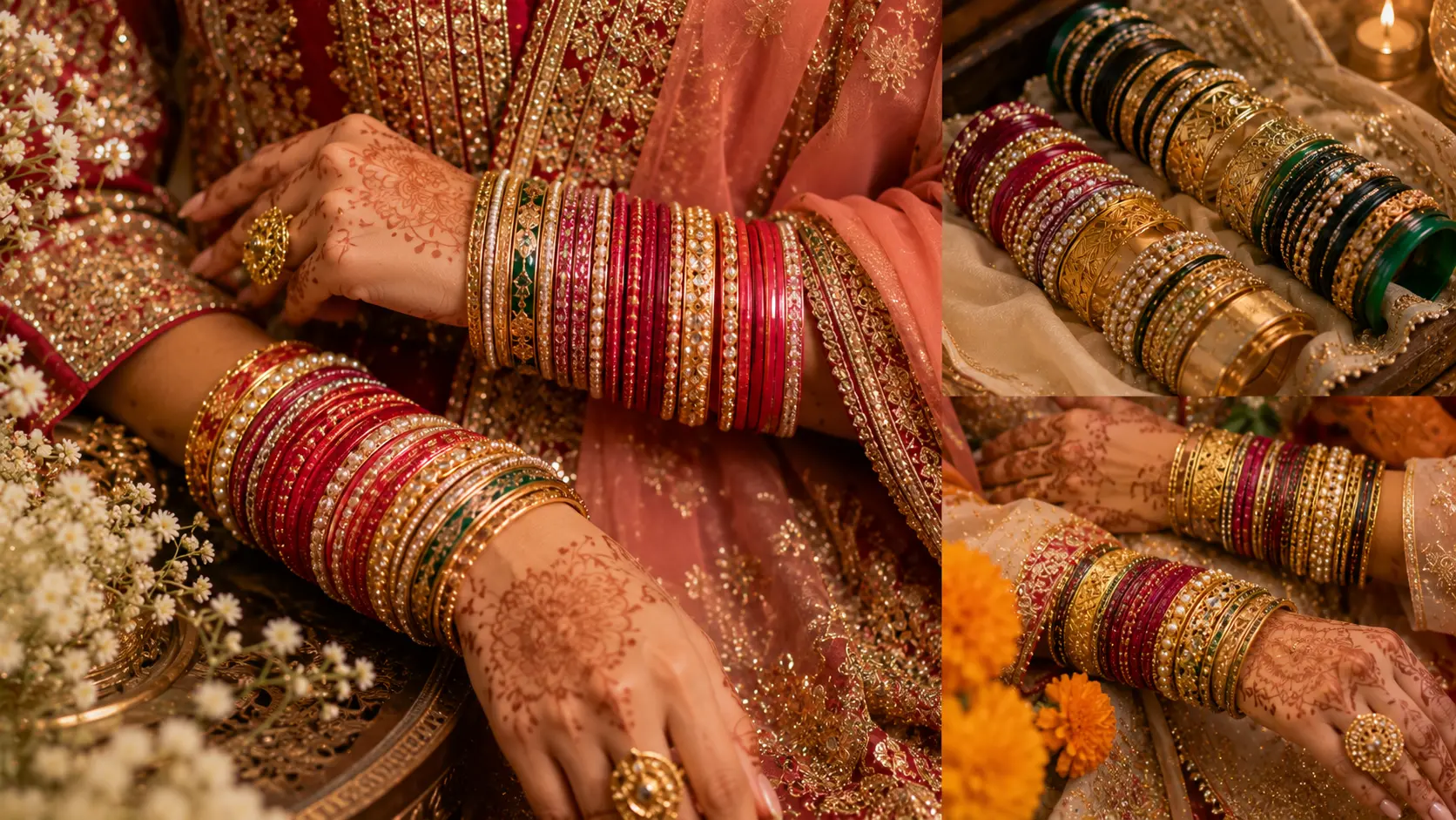 Bangles for Women in Pakistan: Size & Styling Guide 5 Wedding bangles and kangan styled with Pakistani bridal fabrics and henna decorated hands