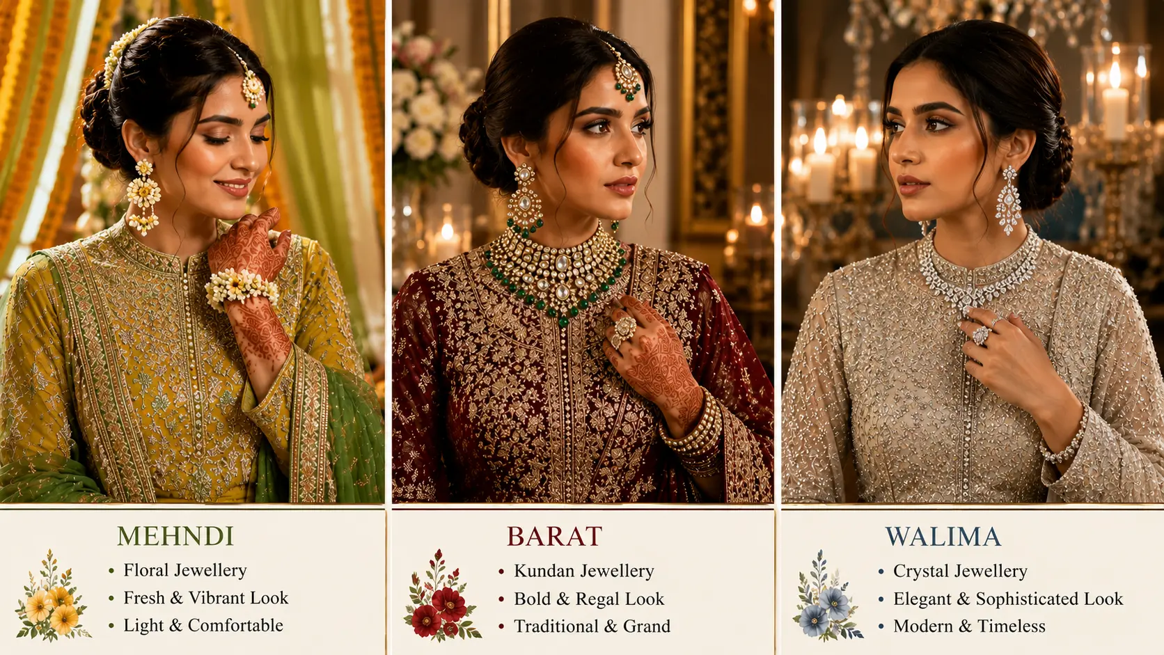 Best Artificial Jewellery for Wedding Guests in Pakistan 3 Mehndi barat and walima jewellery styling compared with festive Pakistani outfits