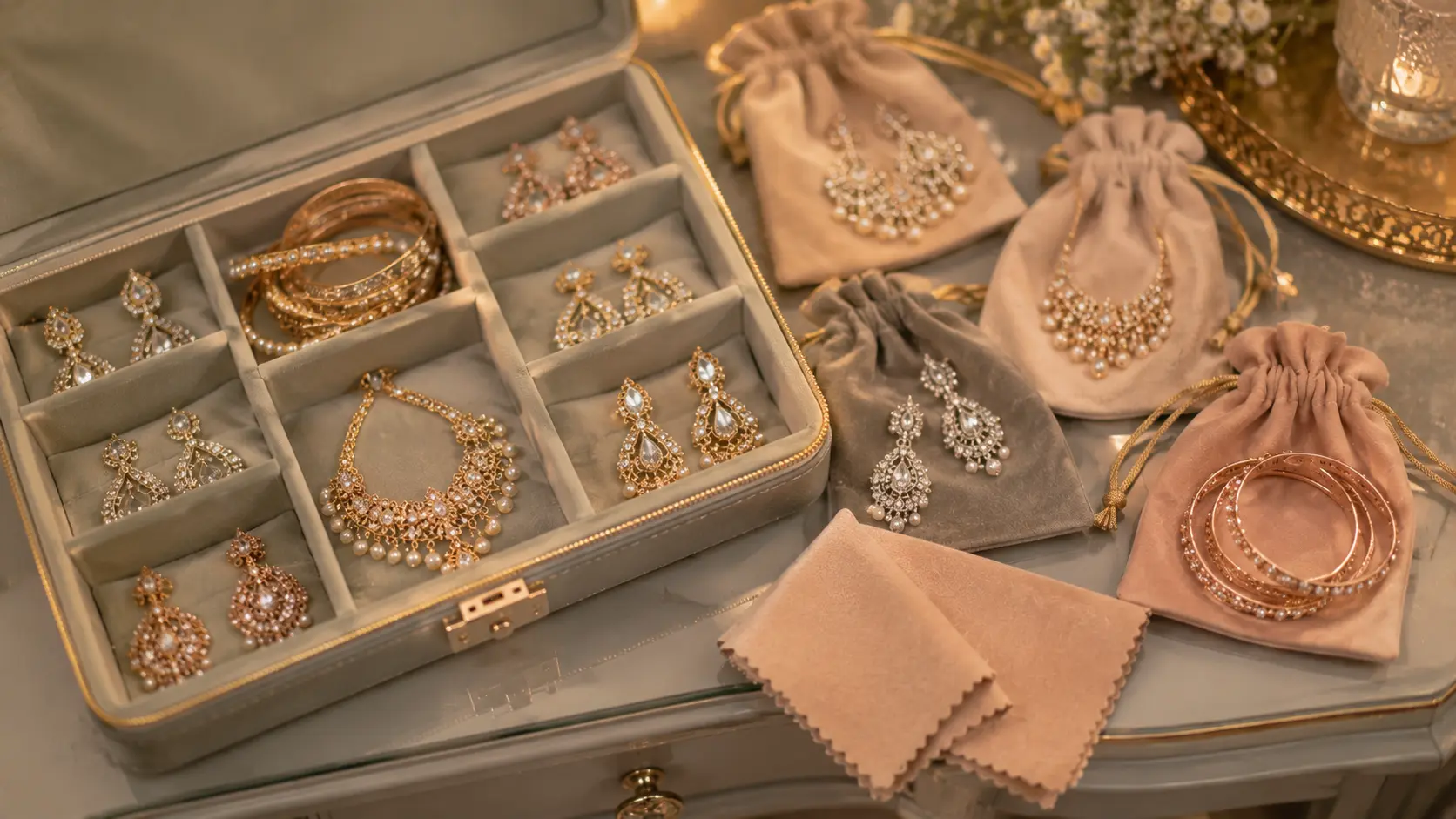 Best Artificial Jewellery for Wedding Guests in Pakistan 11 Artificial jewellery stored carefully with soft pouches and cleaning accessories for long lasting shine
