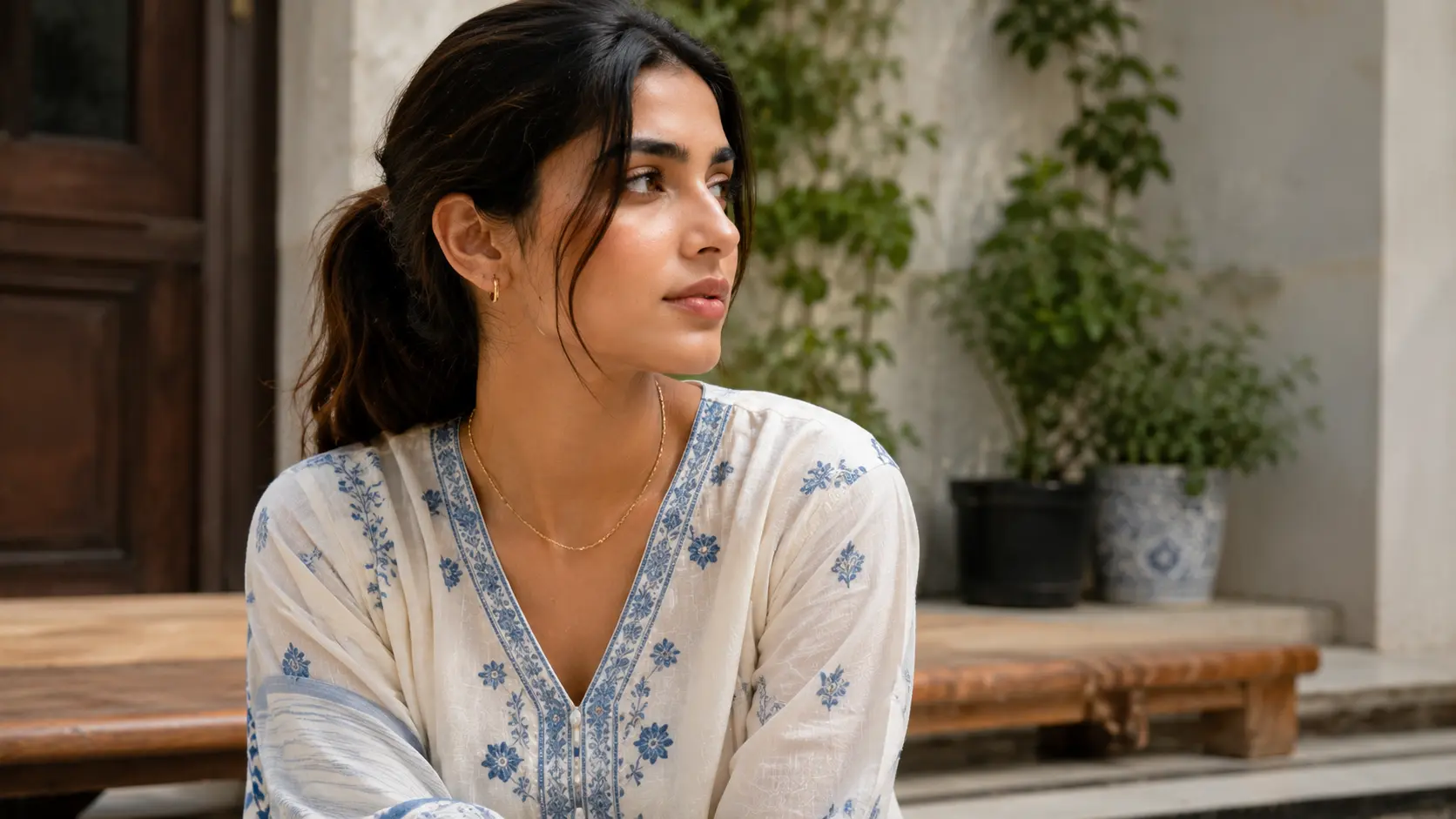 Minimal Jewellery Trends in Pakistan for Girls in 2026 2 Pakistani girl styling minimal jewellery with modern casual outfit in clean editorial setting