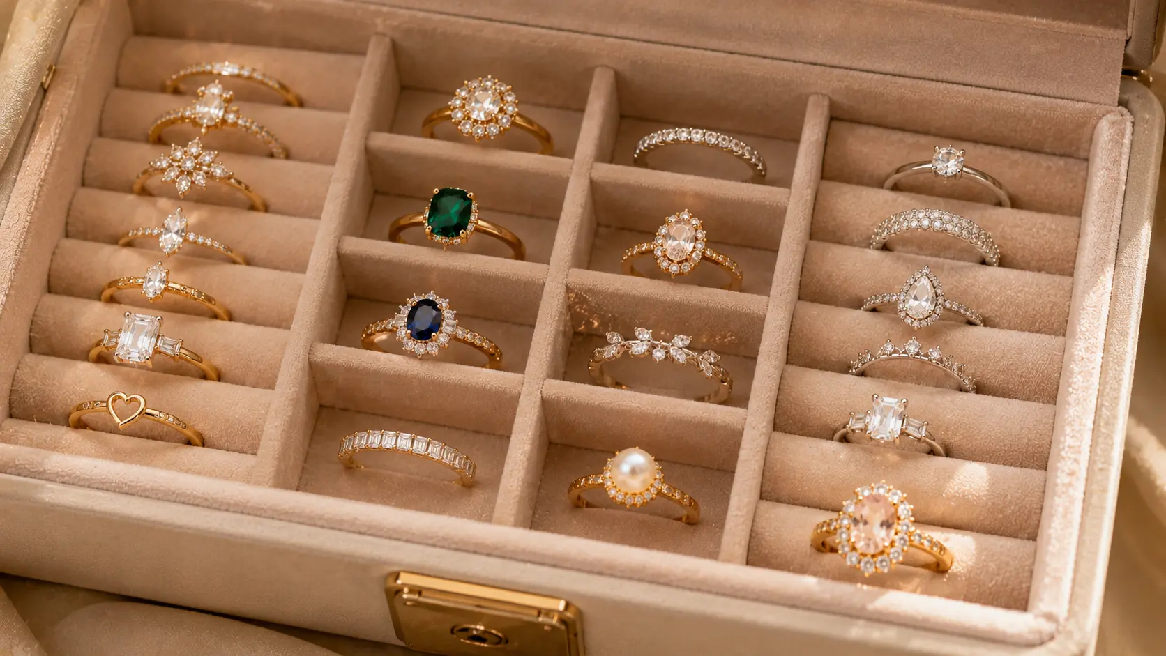 Best Rings for Women in Pakistan: Casual & Fancy Styles 8 Women’s rings stored neatly in velvet jewellery box compartments for long term care and protection