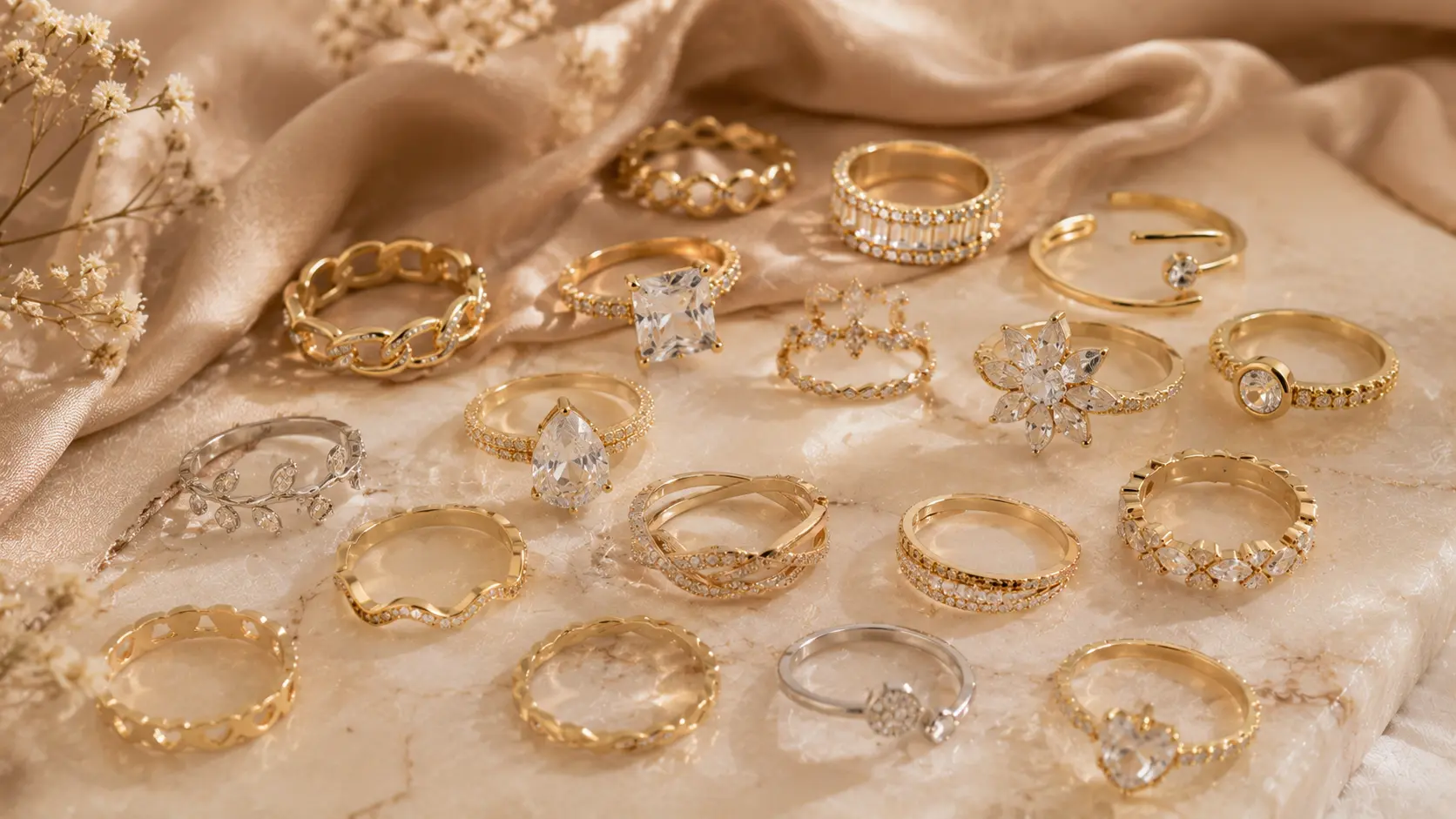 Best Rings for Women in Pakistan: Casual & Fancy Styles 2 Casual and fancy rings for women displayed on neutral fabric with elegant gold silver and gemstone designs
