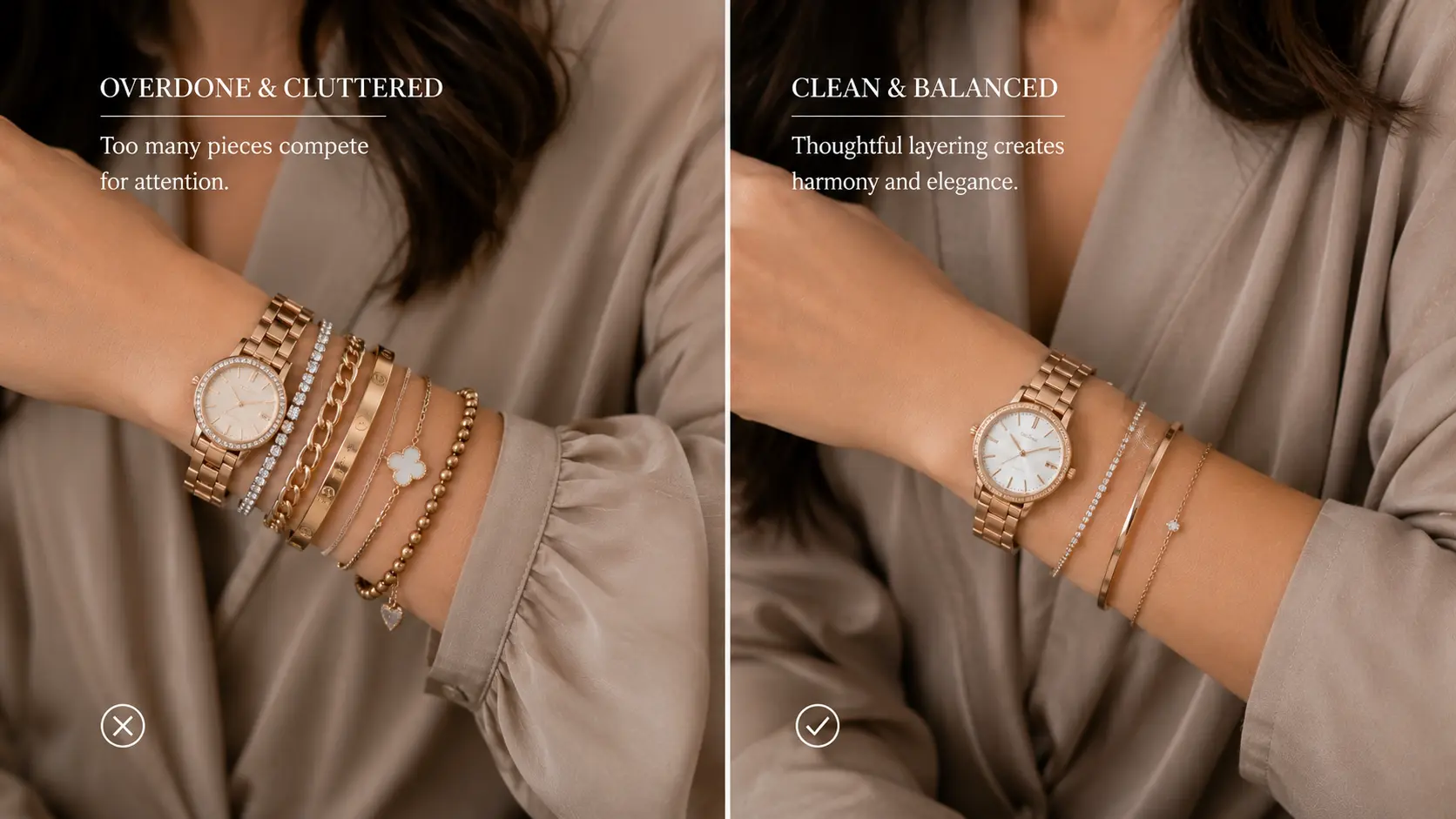 How to Style Bangles with Watches and Bracelets? A Simple Jewellery Guide 9 Overcrowded bracelet stack compared with clean balanced layered wrist jewellery styling