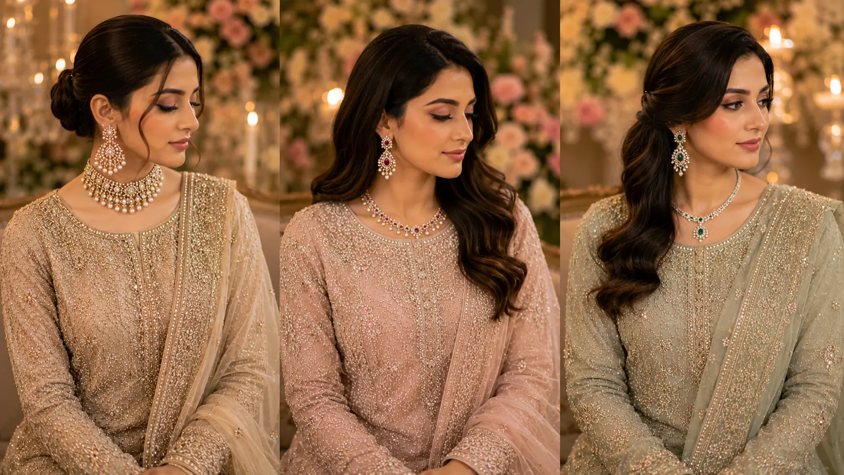 How to Choose Jewellery for a Pakistani Engagement Look? 6 Engagement jewellery styled with sleek buns loose waves and bridal makeup looks