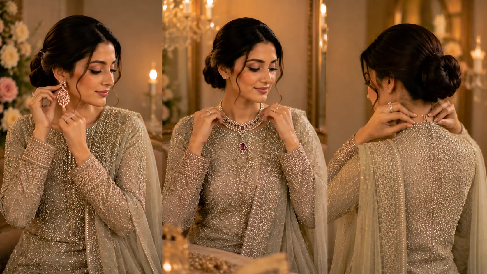 How to Choose Jewellery for a Pakistani Engagement Look? 7 Woman checking engagement jewellery fit comfort and clasp security before event