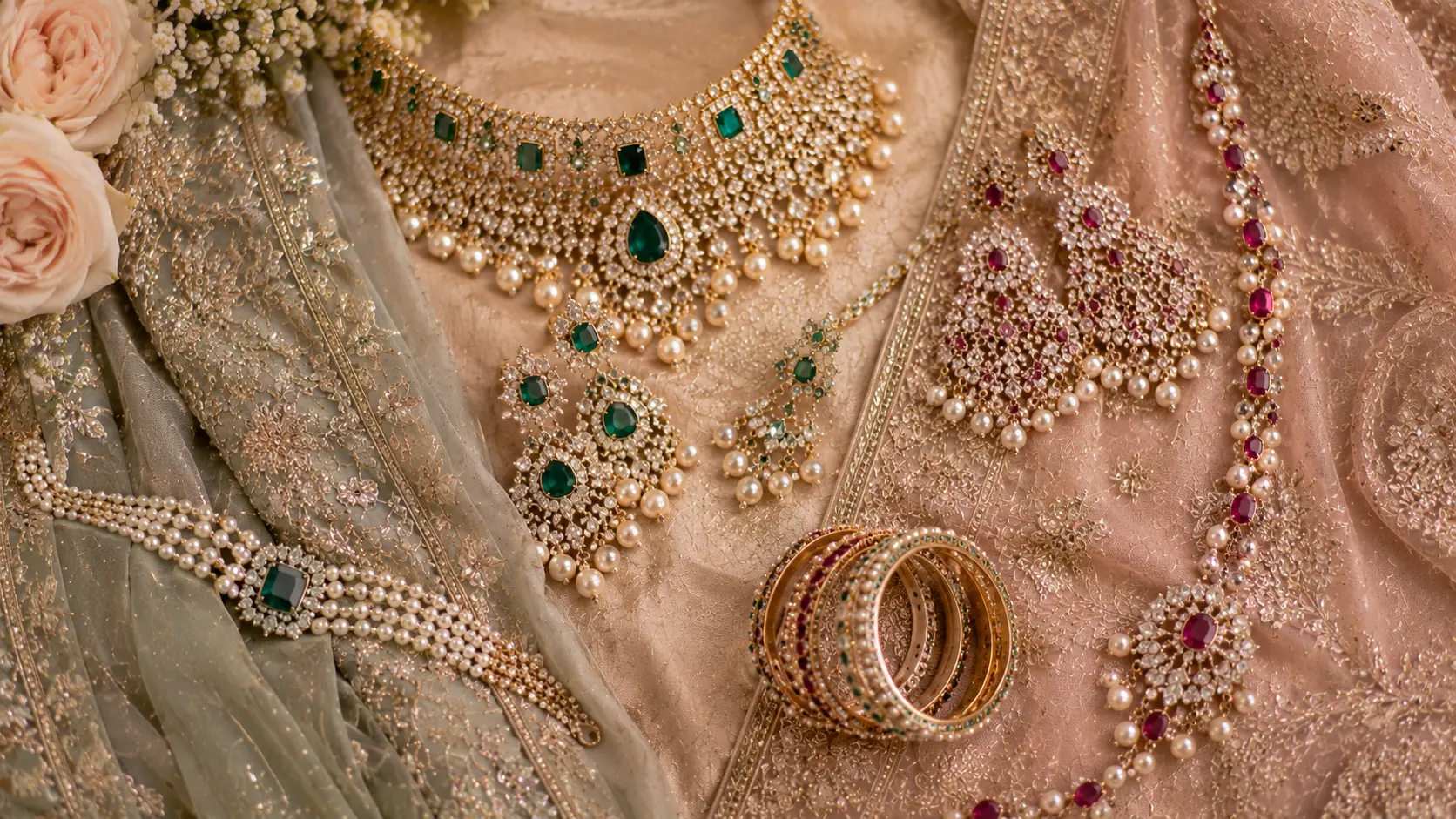 How to Choose Jewellery for a Pakistani Engagement Look? 5 Emerald pearl ruby and crystal jewellery matched with Pakistani engagement color palettes