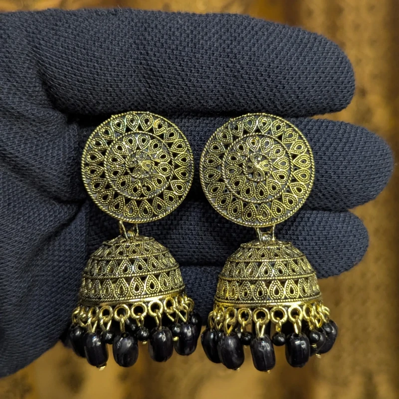 Antique Gold Black Bead Jhumka Earrings for Women 3 Antique gold black bead jhumka earrings with round filigree design
