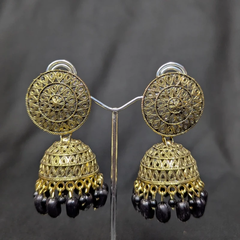 Antique Gold Black Bead Jhumka Earrings for Women 2 Pair of antique gold jhumka earrings with black bead drops and filigree pattern