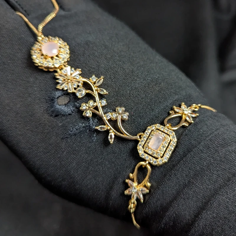 Blush Pink Gold Hathphool Hand Bracelet for Women 3 Blush pink gold hathphool hand bracelet with floral vine design and zircon style stones