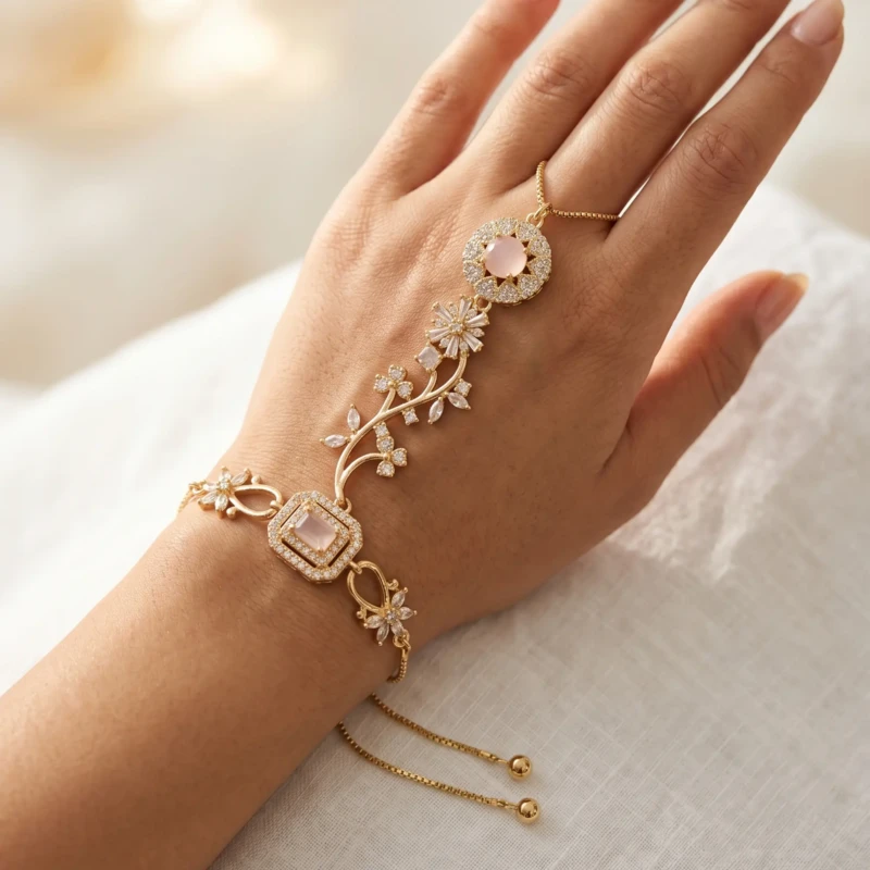 Blush Pink Gold Hathphool Hand Bracelet for Women 2 Blush pink gold hathphool bracelet worn on hand with adjustable chain and floral design