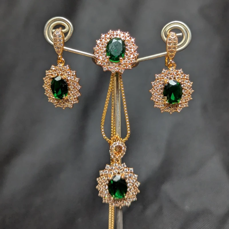Emerald Green Zircon Jewellery Set with Earrings, Pendant & Ring 2 Emerald green zircon style jewellery set with gold tone earrings pendant and ring close up