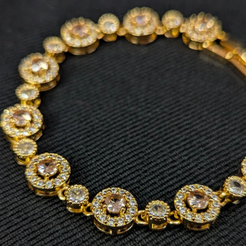 Gold Blush Pink Crystal Bracelet for Women 4 Gold bracelet with blush pink stones and clear crystal style halo detailing