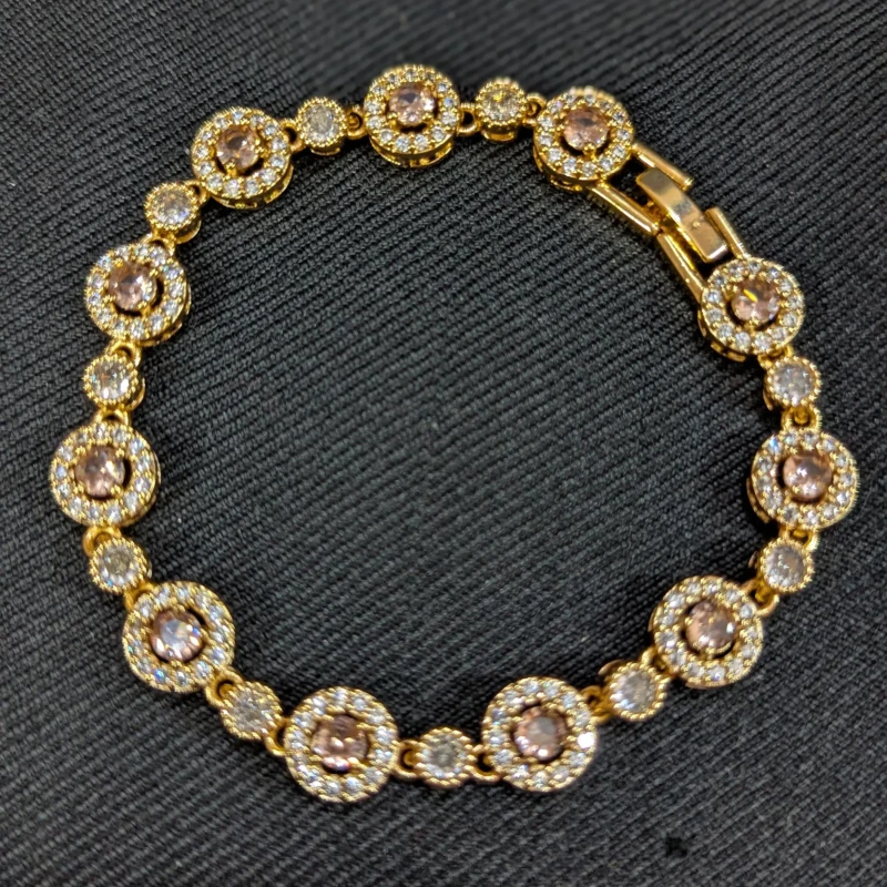 Gold Blush Pink Crystal Bracelet for Women 3 Gold blush pink crystal bracelet with round halo links and sparkling stones