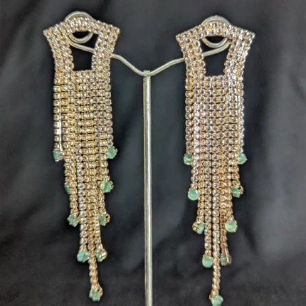 Pair of gold crystal fringe earrings with mint green drops and open rectangular top