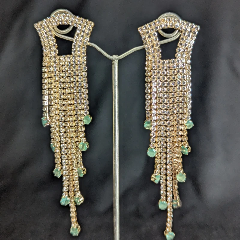 Gold Crystal Mint Green Tassel Earrings for Women 2 Pair of gold crystal fringe earrings with mint green drops and open rectangular top