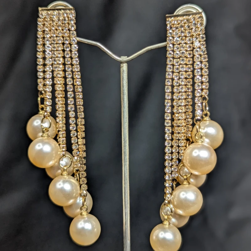 Gold Pearl Crystal Tassel Earrings for Women 3 Pair of gold crystal fringe earrings with pearl style hanging beads