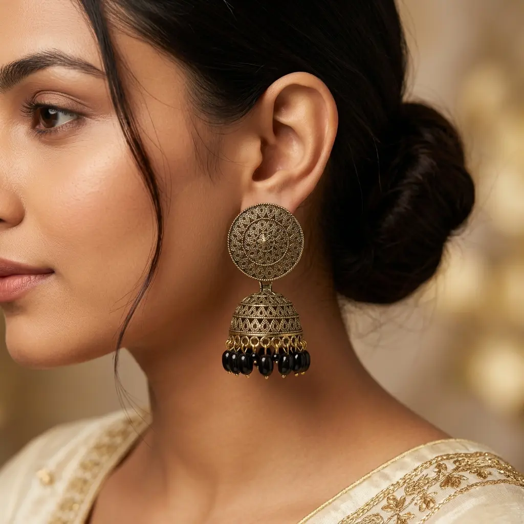 Model Wearing Antique Gold Black Jhumka Earrings Model wearing antique gold black bead jhumka earrings with traditional outfit
