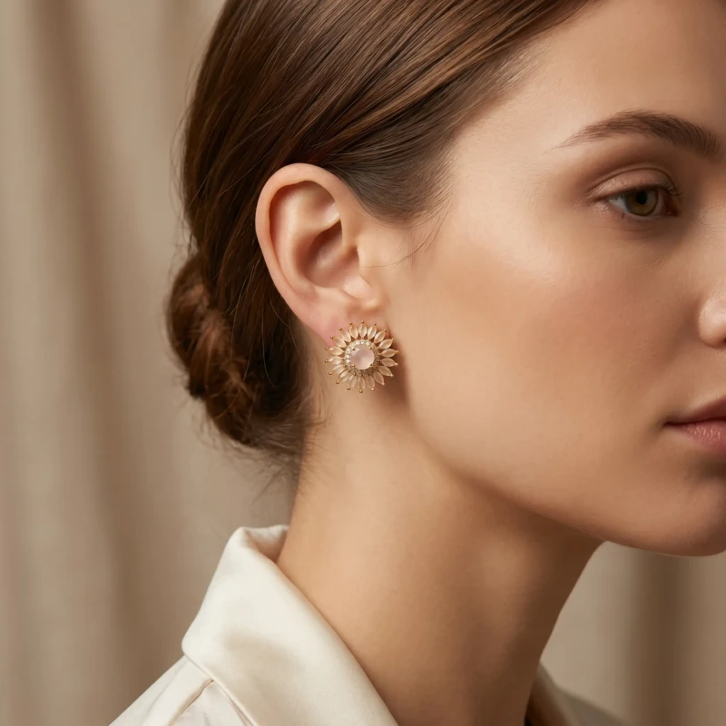 Blush Pink Gold Floral Stud Earrings for Women 1 Model wearing blush pink gold floral stud earrings with elegant formal outfit