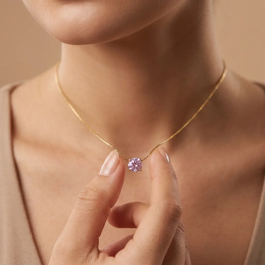 Model Wearing Blush Pink Gold Pendant Necklace Model wearing blush pink gold solitaire pendant necklace