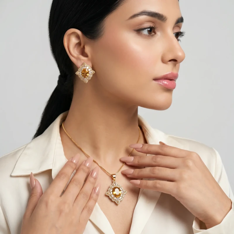 Champagne Gold Pendant Necklace Set with Earrings 1 Model wearing champagne gold pendant necklace set with matching earrings
