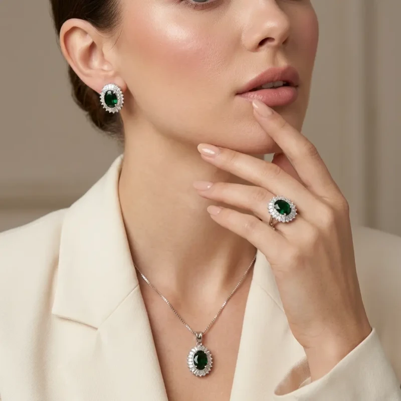 Emerald Green Silver Zircon Jewellery Set with Earrings, Pendant & Ring 1 Model wearing emerald green silver jewellery set with earrings necklace and ring