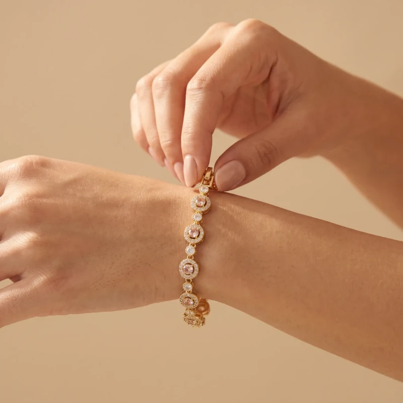 Gold Blush Pink Crystal Bracelet for Women 1 Model wearing gold blush pink crystal bracelet on wrist