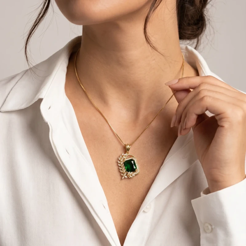 Gold Green Stone Pendant Necklace for Women 1 Model wearing gold green stone pendant necklace with white shirt
