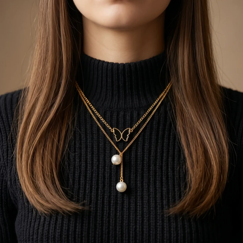 Gold Layered Butterfly Pearl Necklace for Women 1 Model wearing gold layered butterfly pearl necklace with black sweater