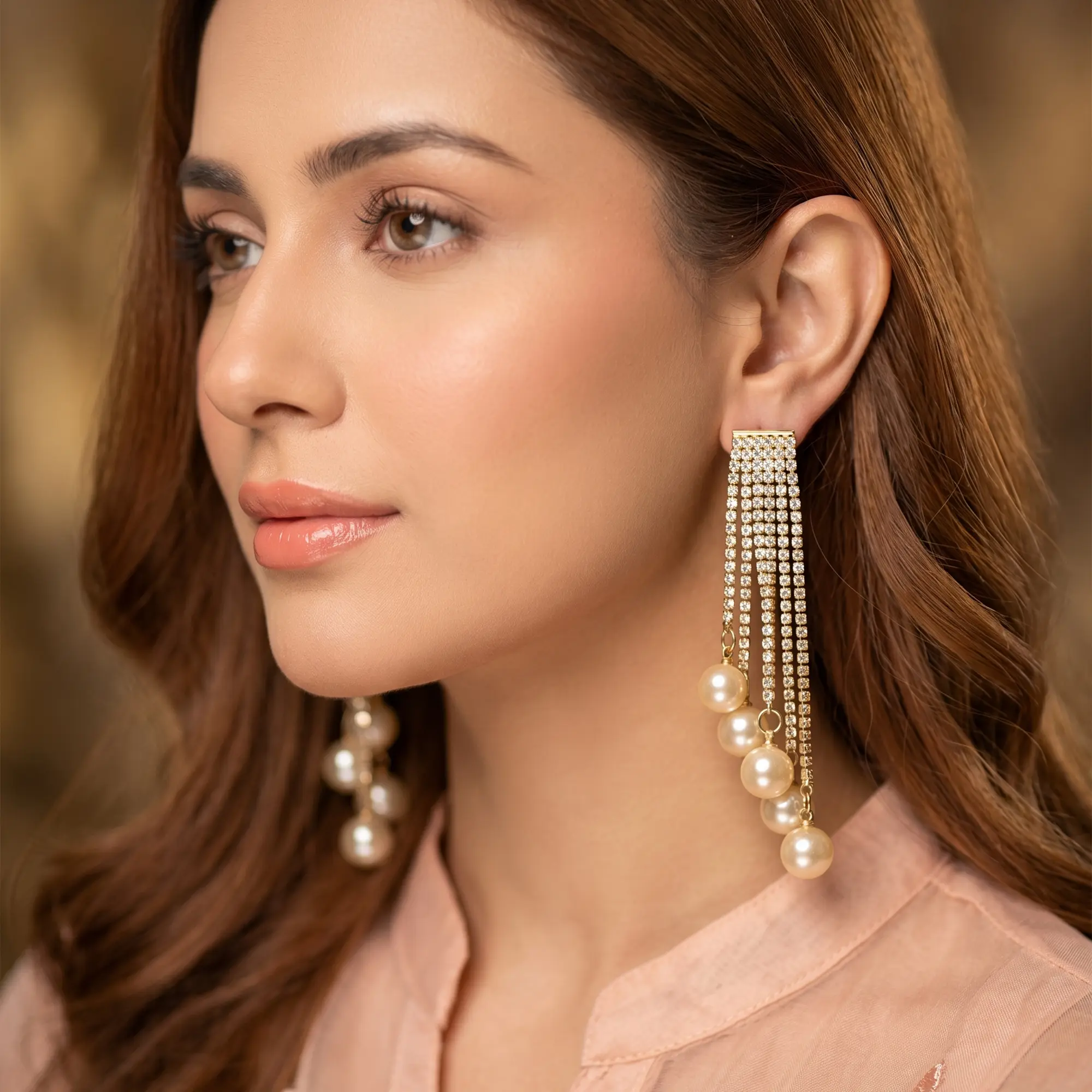 Model Wearing Gold Pearl Crystal Tassel Earrings Model wearing gold pearl crystal tassel earrings with formal outfit