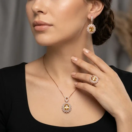 Model wearing golden yellow jewellery set with earrings necklace and ring