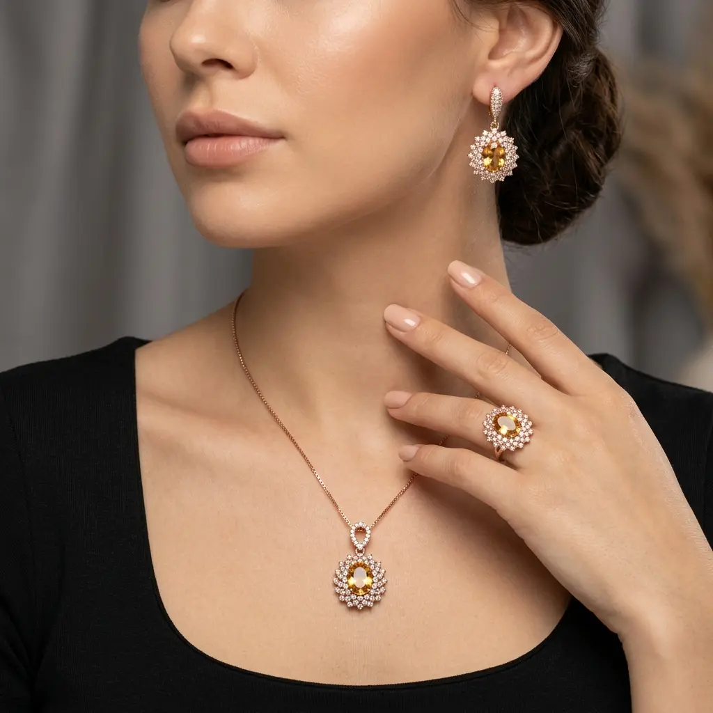Model Wearing Golden Yellow Jewellery Set Model wearing golden yellow jewellery set with earrings necklace and ring