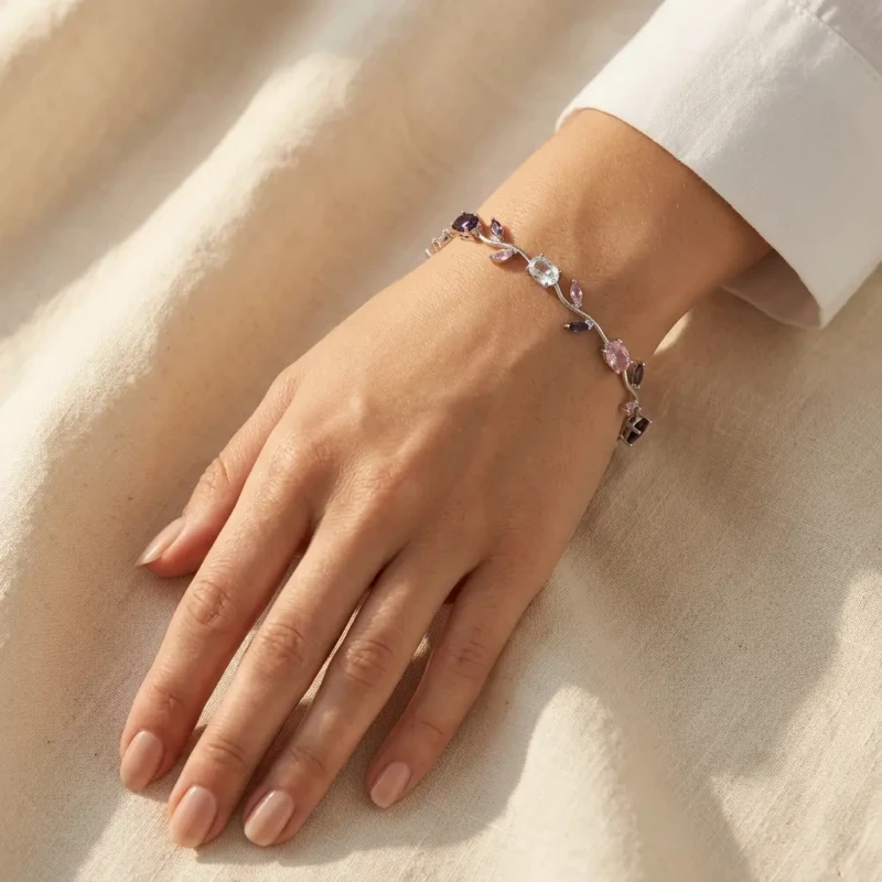 Pink Purple Silver Vine Bracelet for Women 1 Model wearing pink purple silver vine bracelet on wrist