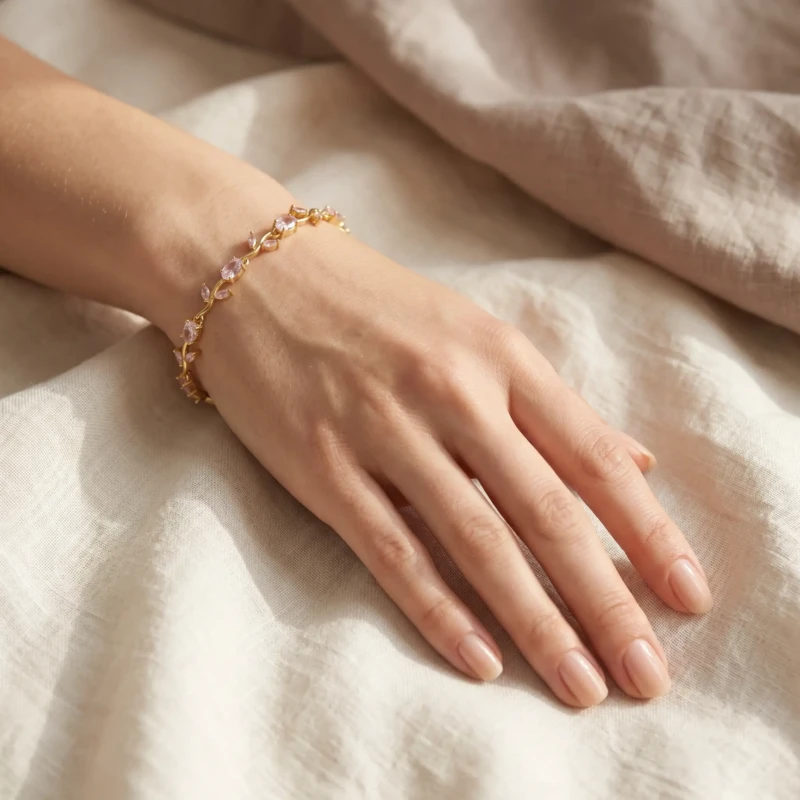 Pink Stone Gold Vine Bracelet for Women 1 Model wearing pink stone gold vine bracelet on wrist