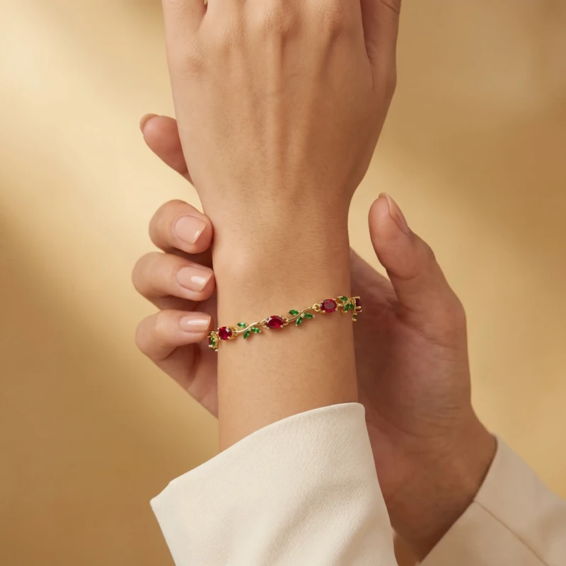 Red Green Gold Vine Bracelet for Women 1 Model wearing red green gold vine bracelet on wrist