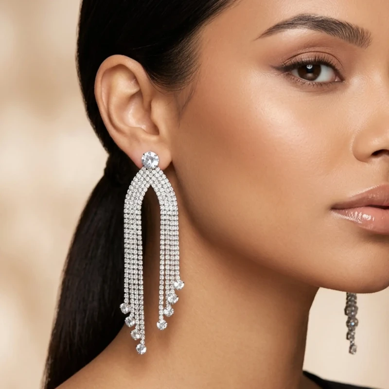 Silver Crystal Chandelier Tassel Earrings for Women 1 Model wearing silver crystal chandelier tassel earrings for formal party look