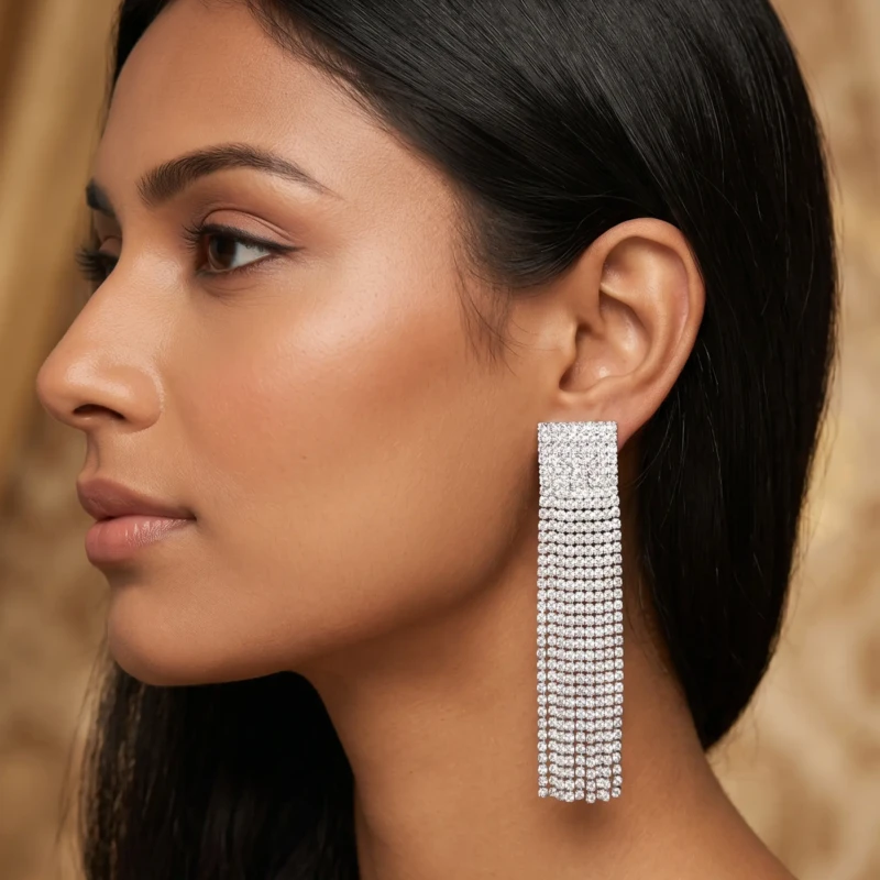 Silver Crystal Tassel Earrings for Women 1 Model wearing silver crystal tassel earrings with formal evening look