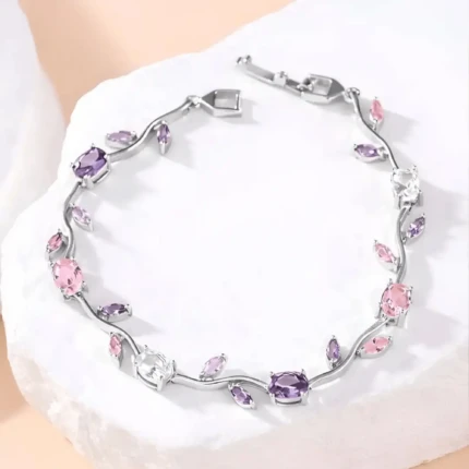 Pink purple silver vine bracelet with leaf design and clasp closure