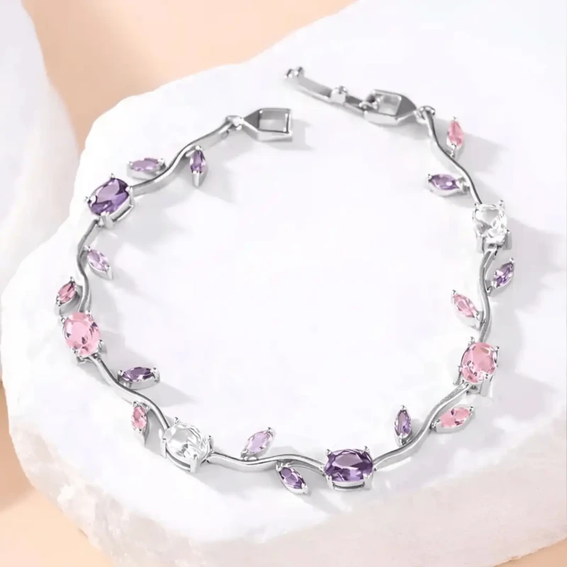 Pink Purple Silver Vine Bracelet for Women 2 Pink purple silver vine bracelet with leaf design and clasp closure