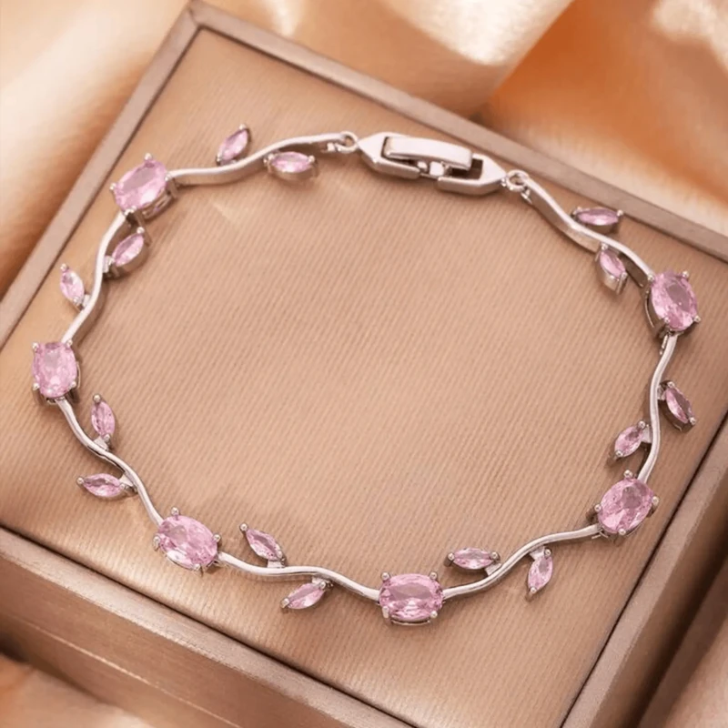 Pink Stone Silver Vine Bracelet for Women 2 Pink stone silver vine bracelet with leaf design and clasp closure