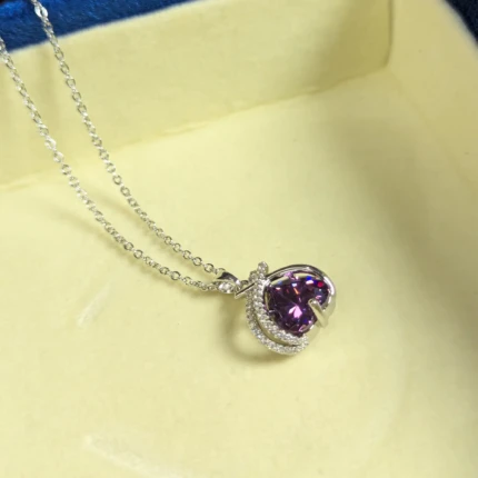 Purple heart silver pendant necklace with sparkling crystal style detail