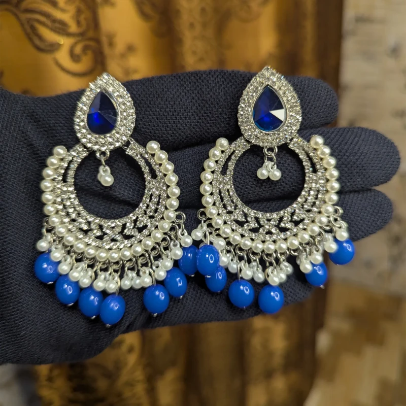 Royal Blue Silver Chandbali Earrings for Women 3 Royal blue silver chandbali earrings with pearl style beads and blue stone drops