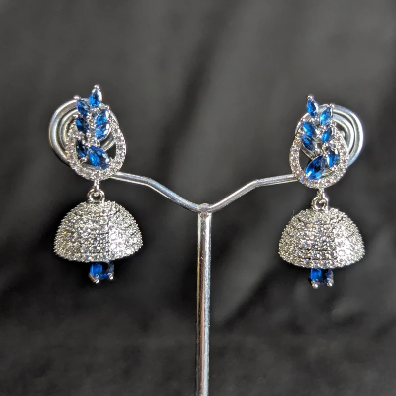 Royal Blue Silver Jhumka Earrings for Women 2 Pair of royal blue silver dome jhumka earrings with crystal style stones
