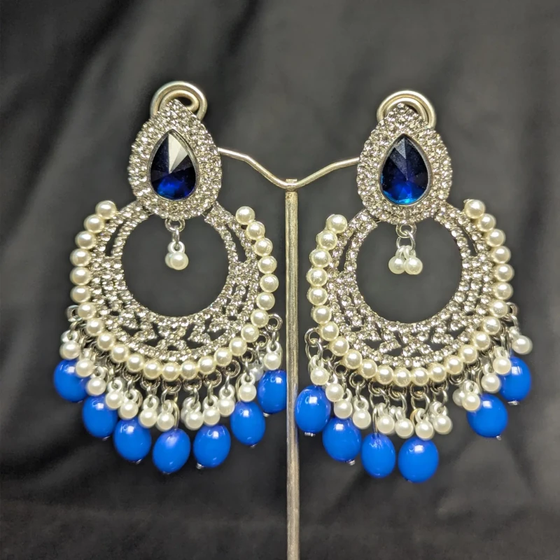 Royal Blue Silver Chandbali Earrings for Women 2 Pair of royal blue silver chandbali earrings with pearl beads and sparkling stones