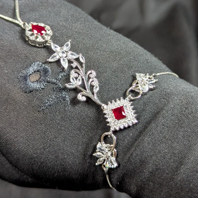 Ruby Red Silver Hathphool Hand Bracelet for Women 2 Ruby red silver hathphool hand bracelet with floral design and zircon style stones