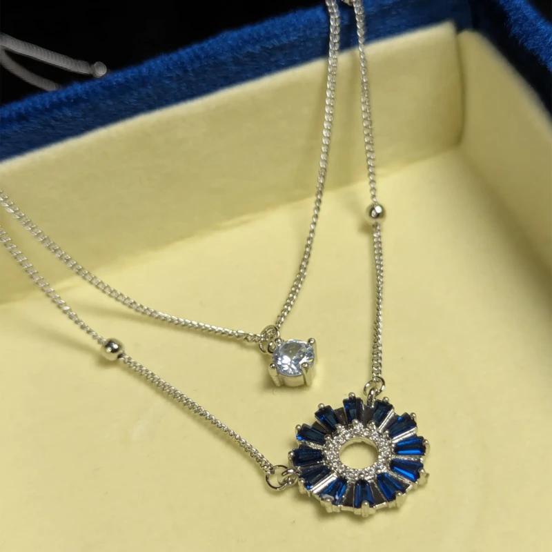 Silver Blue Layered Circle Pendant Necklace for Women 2 Silver blue layered circle pendant necklace with clear stone charm